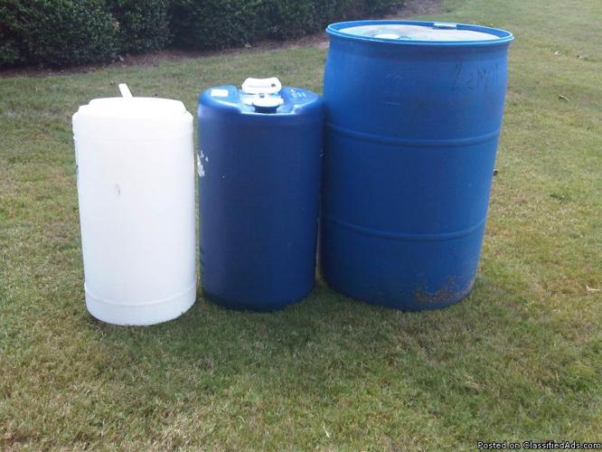 55 gallon and 15 gallon plastic drums - Price: $25.00 / $10.00 each