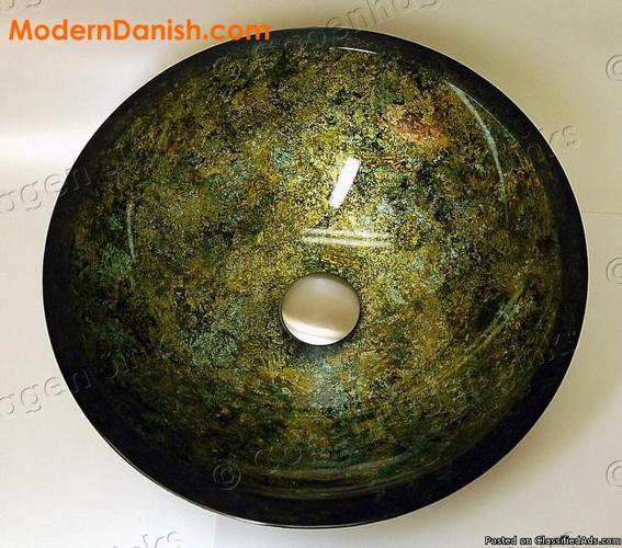 Hunter Green Foil Hand Painted Bathroom Vessel Glass Sink - Price: 87.95
