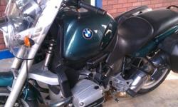 Green 1997 BMW R1100R Touring
1100cc engine, Liquid-cooled, 4-stroke, Boxer Twin
90 HP
5-speed trans
Front 305 mm dual disc brakes with 4-piston calipers
Back 276 mm single disc brake with 2-piston calipers
Weight - 621.7 lb
Odo - 12,310
&nbsp;
