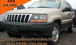 Visit our site to see all our inventory
jandhsautosales
See more pictures of this car at our website jandhsautosales
Price:&nbsp; $4,996
Year:&nbsp; 2001
Make:&nbsp; Jee
p Model:&nbsp; Grand Cherokee
Body Style:&nbsp; SUV
Color:&nbsp; Gold
Engine:&nbsp;