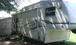 2003cougar 5th. wheelcamper(29.5) sleep 6.Slide out kitchen and setting area.&nbsp;&nbsp; .
Lots of storage in kitchen and living room. Fold away bed in couch, lot of&nbsp;storage underbed. Big walk in shower with glass around it. Never no smoking or pet