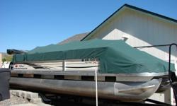 24' Pontoon boat with Trail Star trailer, 60 HP Mercury motor (less than 200 hours use), 30 gallon gas tank. Has duel batteries with switch, and 2 anchors. Includes Bimini cover, mooring cover, changing room, sink, live tank, depth gage am/fm radio/CD