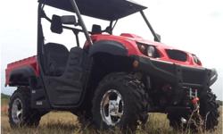 Your choice in either camo or red, this 500cc side-by-side is the perfect vehicle for farmers or hunters. Fuel injected, 2WD, 4WD, hi/low transmission, locking differential, dump bed, complete with remote controlled winch. Windshield, roof, doors,