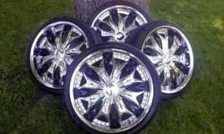 20" universal wheels with tires and plastic inserts.&nbsp; Only had on car for 3 months until car was wrecked and totaled.&nbsp; Paid $1800.00 brand new and am selling for $800.00.&nbsp; These wheels and tires are still like brand new.&nbsp;
If