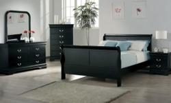 For sale: 5 pc bedroom set, all black, exactly as shown in the picture. Set includes dresser, mirror, chest of drawers, night stand, queen sleigh bed frame (w/headboard & footboard). Bedroom set is still in its boxes-NEVER OPENED, NEVER USED, NEVER