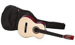 Six string guitar features linden wood back and sides. Includes a nylon carrying case with adjustable shoulder strap. Gift boxed.