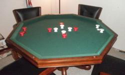 One year old 8-player poker table (wooden) with bumper pool and regular table top. 4 chairs that are wooden and leather that adjust to height. Chairs are also swivel and rock back. All bumper pool accessories are included, including the same felt color