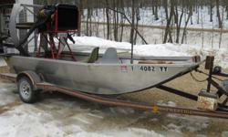 16' Kann Manufacturing airboat with runners & 400 cid Ford engine. 27" high sides & 5' wide. Comes with 6 gallon Mercury tank & custom built Prestige trailer.
New radiator, hoses, belts, battery, battery cables, plugs, plug wires, rotor cap, points air