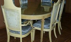 Description: Antique French Provincial Dining Room Table, 2 Arm Chairs and 4 Side Chairs
Condition: Excellent
Measurements: 64" L without (2 -- 18") insert leaves, 44" W, 30Â½" H
Asking: $750 (Compare to eBay @ $1,550 for a lot less)
Terms: Cash Only