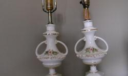 Intriquite and quite ornate pair of&nbsp;antique porcelain lamps in excellent condition. Age is uncertain, they belonged to my mother for 40-50 yrs. Height 27 1/2 inches, base is 5 1/4 inches in length.