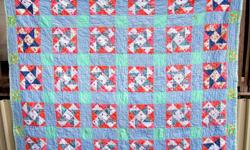 Wonderful Cross patchwork quilt, fabric dates 1930s, beautiful piece has to be seen to get the true appearance, untouched never used shows no sign of wear, machine quilted, handmade. Enhanced with a mix of vibrant shades turkey red, cornflower blue, pink,