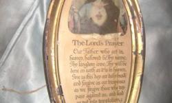very very old picture of jesus ans the lords prayer in oval frame - &nbsp;- covering feels more like plastic than glass 0- the picture has come free of the frame needs to beresealed - a very lovely piece - about 10 nches tall