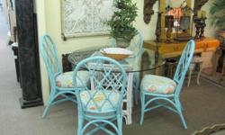 White Rattan table base w/a 44" round glass table top and 4 turquoise rattan chairs covered in seashell fabic. Great for any sunroom. Come visit us at
Emilys Antiques and Design
1214 Beach Blvd
Jacksonville Beach
-
DecoratorFinds Booth 852
Monday thru