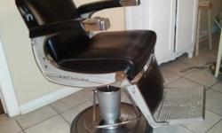 Very Good Condition. Black vinyl upholstery and chrome. Heavy duty for a lifetime of service! Black vinyl shampoo chair and cream color shampoo bowl included along with a 4 drawer roller cart and assorted barber tools.