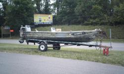 This boat comes with 3 lifevests, 1 oar, 1 12v battery for the lights, 1 525 hummingbird fish finder, 1 30lb thrust minkota trolling motor used twice, 1 evenrude 9.9 motor, and trailer with 2 new rims and tires replaced this year. will trade for small to