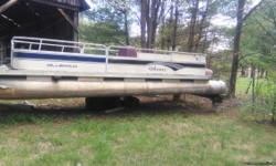 Pontoon boat with 75 mariner engine with stainless prop. Needs a good cleaning and a little TLC. Moving out of town and its for sale. Big in size and would make good boat with just a little care. Has newer model engine and newer year side panels.title in