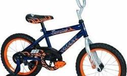 Huffy Boy's Pro Thunder Bike (Blue Ribbon/Trophy Silver, Medium/16-Inch)
Features include steel diamond frame, rear coaster brake.
Handlebar is padded.
Includes sturdy training wheels.
Seat is padded with graphics.
Color is Blue Ribbon/Trophy Silver.