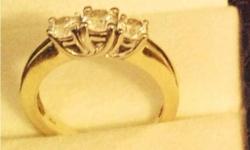 2 CT 14K gold diamond solitaire ring. Round diamond on Cathedral setting. Worn two weeks.
Paid $14,500 for ring at Gordon's Jewallry. Will sell near the 4k amount obo.
1.5 CT 14k gold diamond 3 stone&nbsp;ring. Absolutly beautiful. Matching brand new