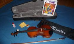 New/never used beautiful Maestro fiddle with bow and carrying case.&nbsp; All accessories including rosin, polishing oil, cloth, learn to play book and learn to play CD included.&nbsp; Great Christmas present for the aspiring young artist!
