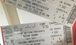 2 Bryan Adams tickets for sale for the Friday April 15, 2016 show 8 p.m. @ The Ascend Amphitheater.
Section 102 ....Row box E .... Seat 1 & 2&nbsp;
Serious Inquires Only!!&nbsp;