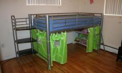 Bunk bed with under play area, with closing curtains. Mattress included. Detachable slide with shelves. Silver and black metal.