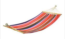 The perfect way to unwind at the end of a busy day or enjoy a lazy afternoon watching the clouds float across the sky.
Colorful wooven hammock lets you really stretch out for maximum relaxation.
Wooden stretcher bars and heavy duty hanging loops.
Max. wt.