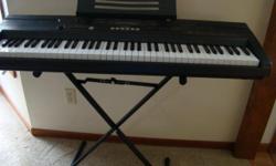 Electronic keyboard with stand. Recording capabilities, usb adapting capabilities. 1 year old, barely used.
515 high quality sounds, 32 note polyphony, touch response for full musical expression. Includes a song book and manual, lcd screen, adc power,