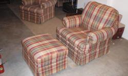 Upholstered Chair & Ottoman. Very good condition. Two sets available. Red/beige plaid-see photo.