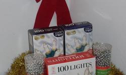 Christmas Xmas set (lights, beads, garland)
1 set of 7 Clear Large Bulb Xmas Lights
2 containers of 32ft plastic bead garland (silver)
1 red velvet ribbon bow
plus other xmas accessories
Brand New & Never Used. Only $5 for the entire set! This lot must