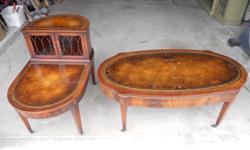 Antique leather top tables. &nbsp;NIce set. &nbsp;Coffee table has some scratches in center. &nbsp;$50 for set &nbsp;or make offer
&nbsp;