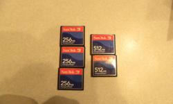 SanDisk CompactFlash cards&nbsp;&nbsp; Two 512MB&nbsp;&nbsp; and Three 256MB&nbsp;&nbsp;&nbsp; got me a 4GB and dont need these any more..Asking $10 each for the 512MB&nbsp;&nbsp; and $8 each for the 256MB&nbsp;&nbsp;&nbsp; $40 if you take them all Or