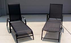 Outdoor Lounge Chairs, details as follows:
Measurements as follows:
Approximately 67" in Length X 27" Wide
All black in color
Very Sleek and Contemporary in Style
Great for Poolside
One folds and one does not!
Very quality made!
Both chairs were purchased