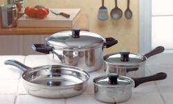 Item #: 28518 | Brand: NULL | Model No.: NULL
Weight: N/A | UPC:
Durable stainless steel cookware set gleams with quality and includes two saucepans of 1 and 2 quarts, both with lids, a 5-quart Dutch oven with a lid that also fits the 10" frying pan. Set