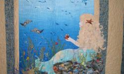 Beautiful one of a kind original quilt. Mermaid in under water scene. Blue & Gold