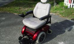 Used electric wheelchair. Adjustable seat and headrest. Variable speed. On board charger.Six wheel-center drive.Very stable and easy to stear.