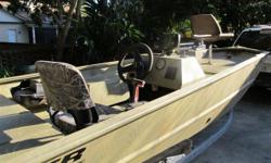 2005 17? Tracker Grizzly Model 1754 duck & fishing boat, trailer, 60 hp Mariner engine w/ stainless steel prop (and extra original aluminum prop), 58 ft lb thrust MotorGuide trolling motor w/ Big Foot foot control, Hummingbird depth finder, pedestal seats