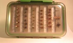 For Sale! &nbsp;Brand new waterproof fishing fly box with 66 new trout fishing flies. &nbsp;6"x4"x2" Fly box has 2 doors, with slotted foam-rubber strips that can hold over 100 assorted flies. &nbsp;
Included with the fly box are 66 assorted flies, all
