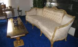 8 PIECE&nbsp; ANTIQUE &nbsp;LIVING ROOM SET&nbsp; (50 YEARS OLD) FRAMES FROM VIENNA, MATERIAL FROM&nbsp; FRANCE TABLE TOPS HAVE GOLD LEAF LAYERS LAMPS HAVE BLUE CRYSTAL(SOFA NEEDS TO BE REUPHOLSTERED) CHAIRS ARE IN GOOD CONDITION AND ALSO TABLES, ONLY A