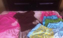 (2) Top and skirt (1 pink and white, 1 brown and white), (2) pink shorts, (1) blue, (1) green, (1) teal, (1) girls swimming shorts