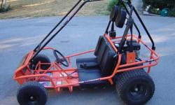 ?Conquest? adjustable two seat bench go cart, seat belts, 126cc or 5hp Robin Subaru engine used less than 25 hours. Runs great! Two kill switches one on steering wheel the other on engine, roll cage, front wheel suspension, $600.00 or best offer.