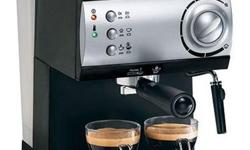 Caf quality results
No-fuss milk frother lets you enjoy cappuccino too
Powerful 15-bar Italian pump
Simple push-button operation
Easy-fill removable water reservoir
Works with easy serving espresso pods or ground coffee
For more information or ordering,