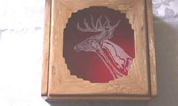 VB001 (9x9x3?) $100.00 Many hours of detailed work have gone into the construction of this hand finished, solid Apple wood Valet Box. The natural finish enhances the beauty of the wood grain. White Tail Deer Trophy Buck is hand etched in glass. Only your