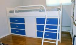 Hi-Rise Captains Bedroom Set 5 Pc Blue And White Formica
Twin Hi-Rise Bed frame{43? Tall x 41-1/2? Deep x 79? Wide}
Long Dresser 3 drawer with cabinet{30-1/2? Tall x 18? Deep x 46? Wide}
Small Dresser 3 drawer{30-1/2? Tall x 18? Deep x 30-1/2? Wide}