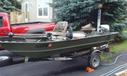 12ft. wide and a half 1979-1980? evinrude 41lb. motorguide lazer trolling motor, wireless control, huminbird depth and fish finder with temp. 2009 lowe trailer, motor was rebuilt top to bottom, runs great has less than 50 hours since rebuild, boat has no