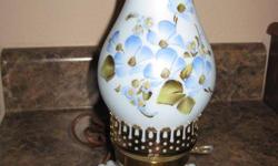10 1/2" tall glass lamp, powder blue with floral design. 54" elec. cord.