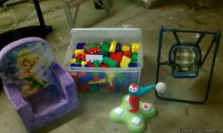 I have a cute tinker bell chair, mega blocks, a baby baseball toy, and a baby swing...10 bucks for all!
