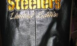 Black leather limited edition 5 time super bowl champion Pittsburgh Steelers jacket paid $600.00 worn once size large mint condition