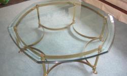 Beautiful glass topped with beveled edges - octagonal shaped on brass frame. Paid $750. 42-44" across.
Great condition -- we have TWO. Cash only