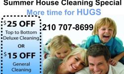 Call NOW to book you Summer House Cleaning Special 210 707-8699. Deluxe or Basic Cleaning. We have great discounts for both services.
Our deluxe top-to-bottom service includes hand-detailed emphasis on such important items as:
Ceiling fan blades (hand