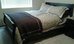 Black wood, queen bedroom set - less than 2 years old, dressers still have tags on them.
Includes:
Head board, foot board, matress, box spring (with water/stain protection)
Full dresser with mirror
Chest of Drawers
Nightstand
&nbsp;